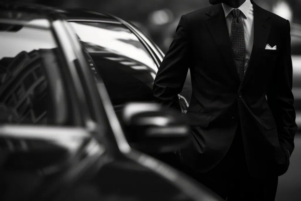 A man in a dark suit stands next to a car, one hand in his pocket, capturing the essence of Austin, Texas. The black and white image exudes sophistication and formality, reminiscent of a premium limo service experience.