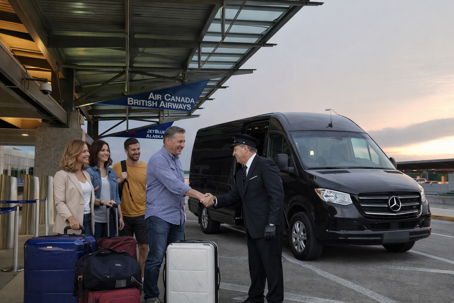 A group with luggage greets a chauffeur outside an airport, near a black Mercedes van.